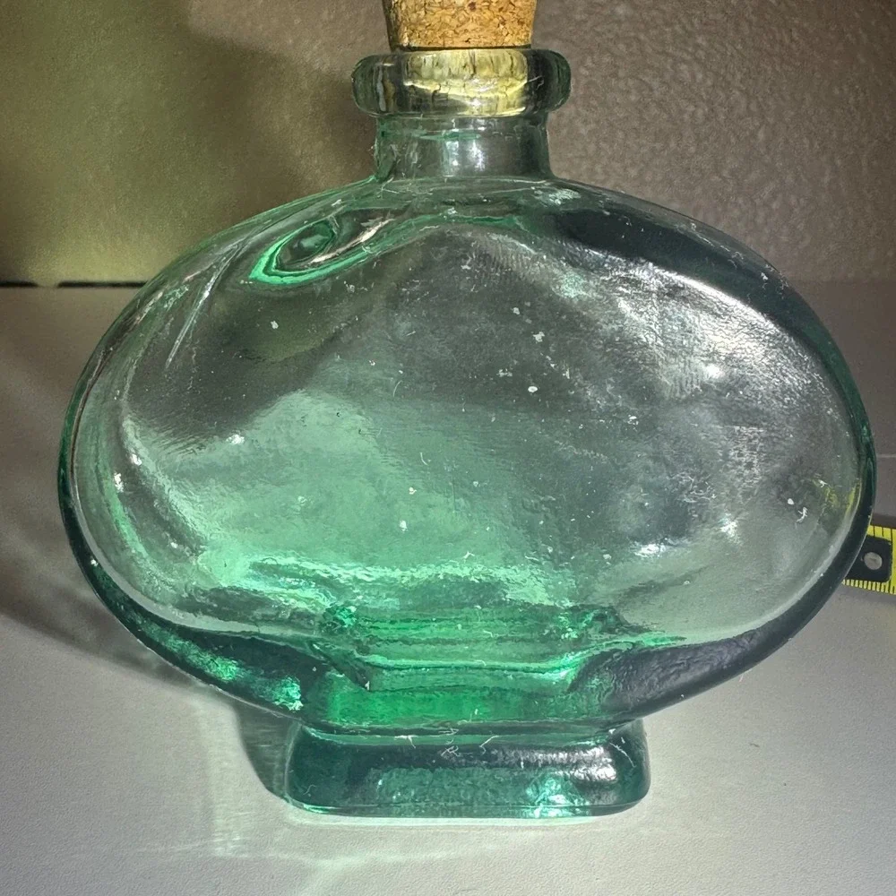 Vintage Aqua Green Glass Oval Decorative Bottle with Cork Stopper 4.5 Inch
